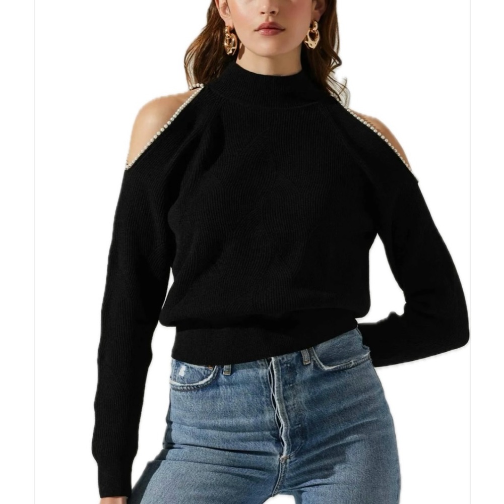 Astr Black Off-the-Shoulder Sweater with Pearl Accents